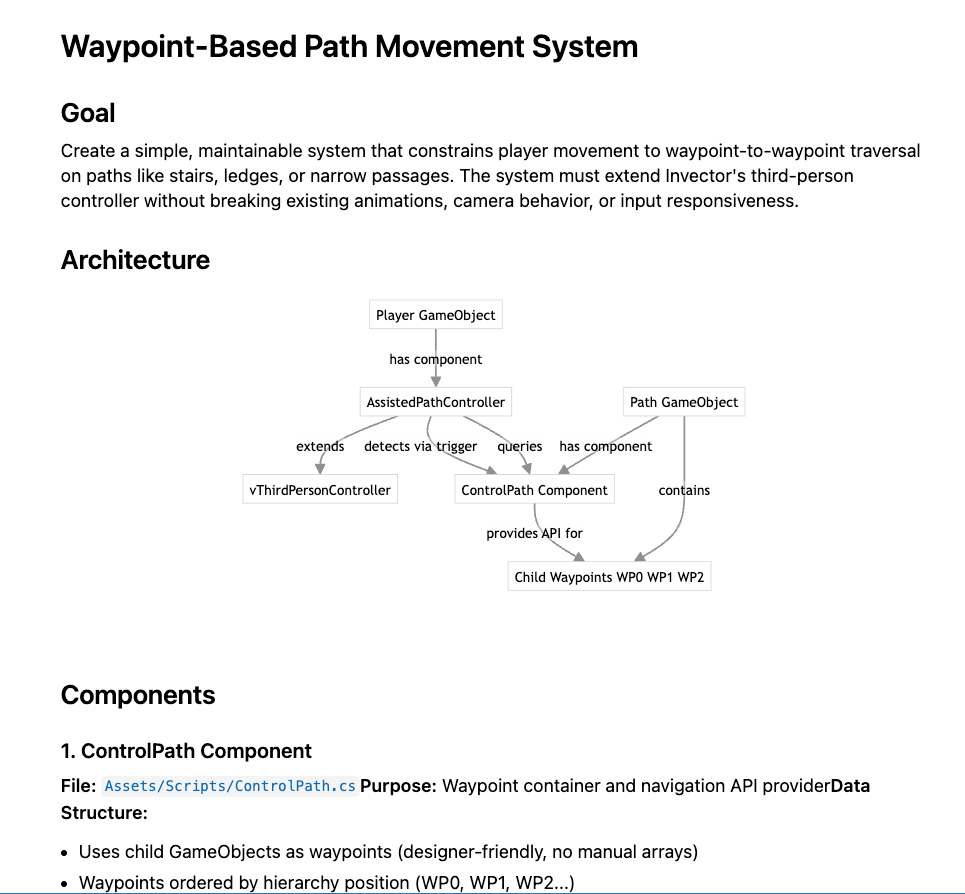 Structured AI-Assisted Prototyping design document: Technical architecture and class diagram for path-constrained movement system